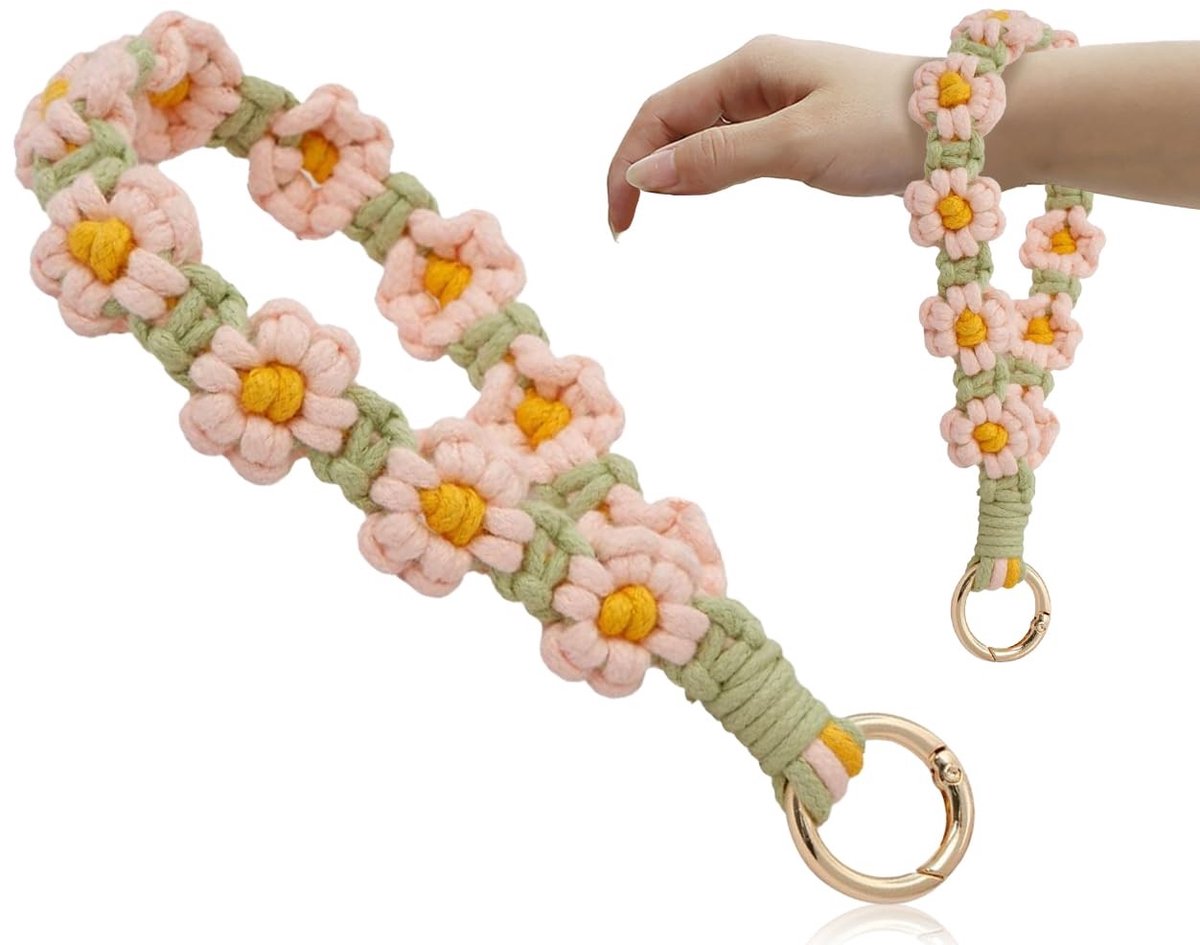 Dailygoods- Sleutelhanger Handgemaakt Madeliefje - Korte Macramé Sleutelhanger - Roze - Sleutelhanger voor Meisjes - Uniek Ontwerp - Hoge Kwaliteit - Sleutelsleutelhanger