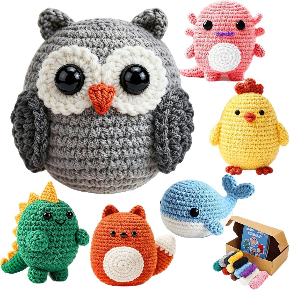 Haakpakket Dieren - 6 stuks - Kat Konijn Uil - DIY Handwerk - Wol Inclusief