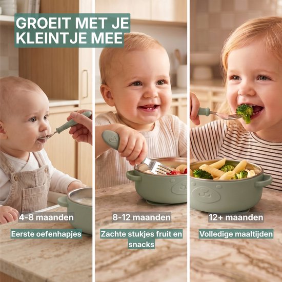 Broemba Kinderservies RVS - Baby Bord met Zuignap & 3 zuignap stickers - Kommetje met Baby Bestek - BPA-vrij Baby Servies met Lepel en Vork - Groen van Broemba — afbeelding 3