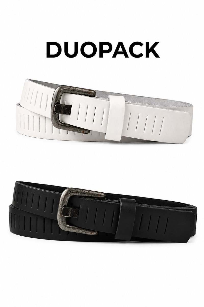 De Riemenspecialist Geperforeerde Leren Riemen Duopack - 2 Riemen van Echt Leer - Dames en Heren - Zwart & Wit - 3 cm Breed - Riemmaat 95 (Totale lengte 110 cm)