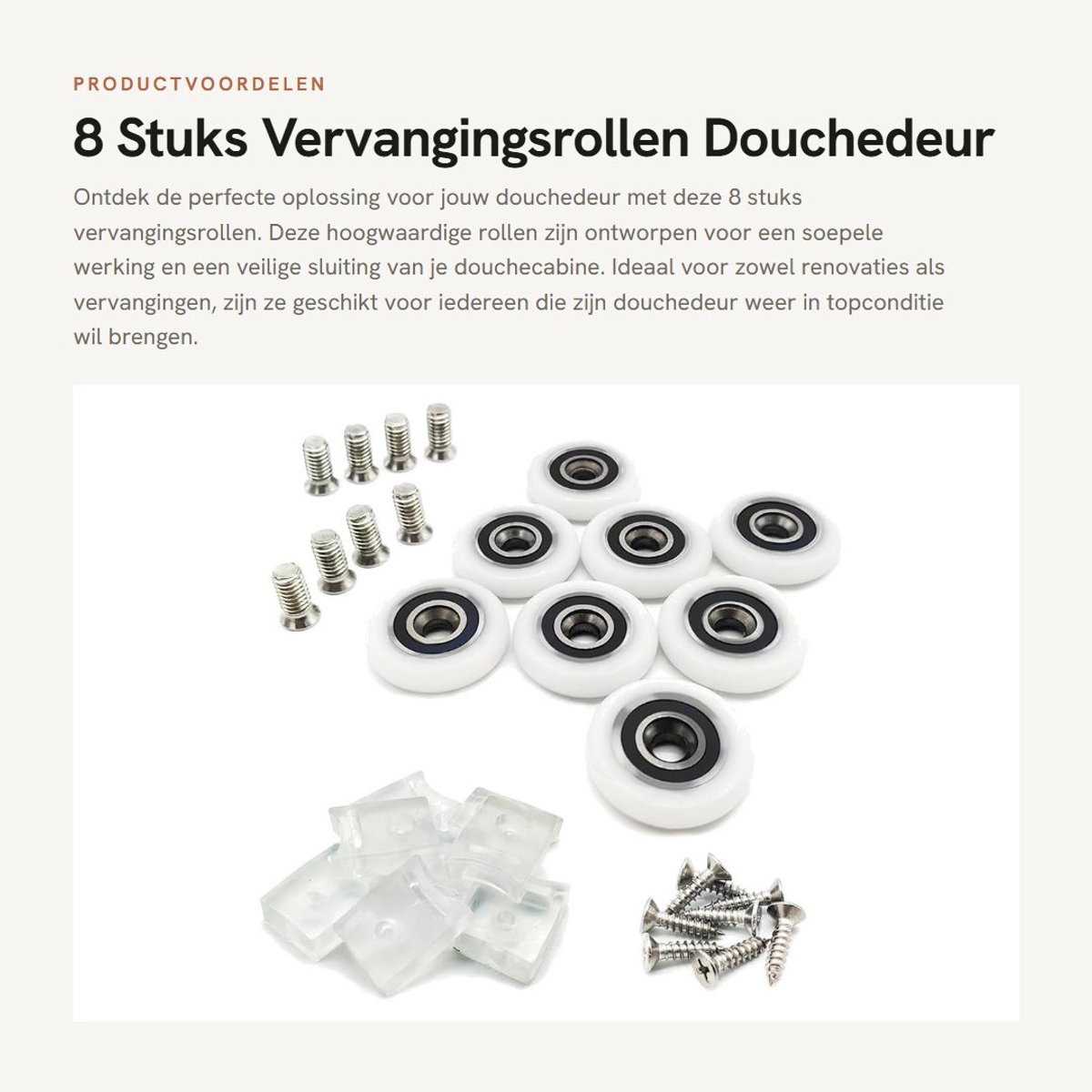 Dailygoods- Vervangingsrollen 8 stuks - Douchedeur Wielen - Antibotsing Blokken - POM-Kunststof - Roestvrij Staal - Diameter 25 mm - Douchedeurwielen