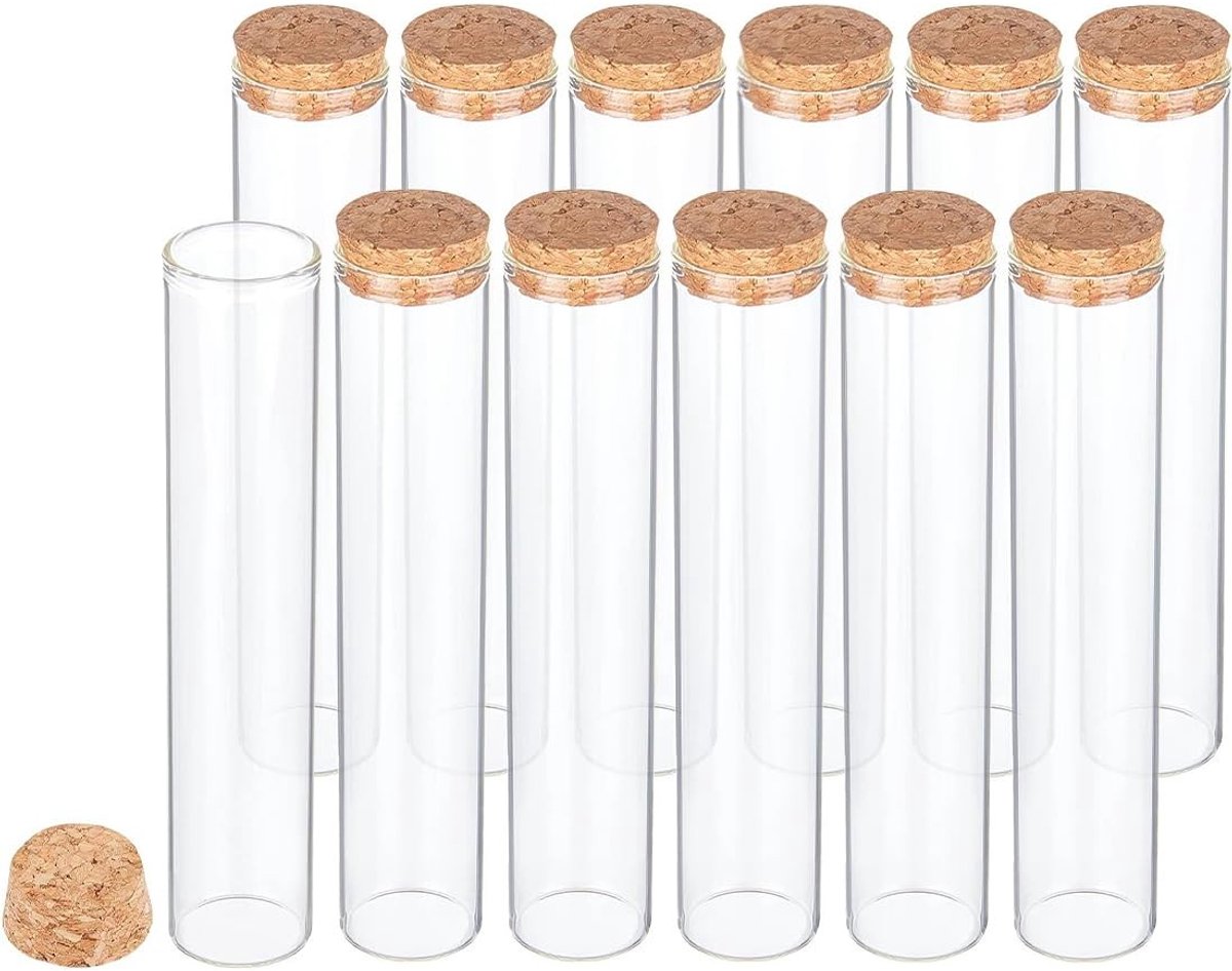 Dailygoods- Reageerbuisjes 60mm - 12 Stuks - Glazen Reageerbuisjes - Met Kurk - Geschikt voor Laboratorium/Hobby - Herbruikbaar en Decoratief - Laboratoriumglaswerk