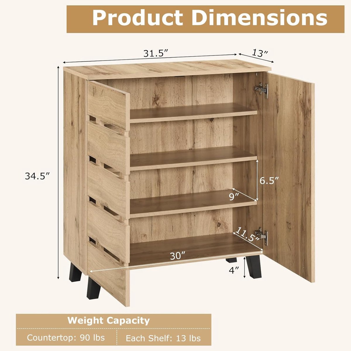 Schoenenkast Hout 4 Laags met Lamellendeur – House&Garden Massief Grenen Schoenenkast 80x33x87,5 cm – Ruimtebesparende Hal Kast voor 16 Paar Schoenen – Ventilerende Opbergkast met Verstelbare Planken – Rustiek Bruin