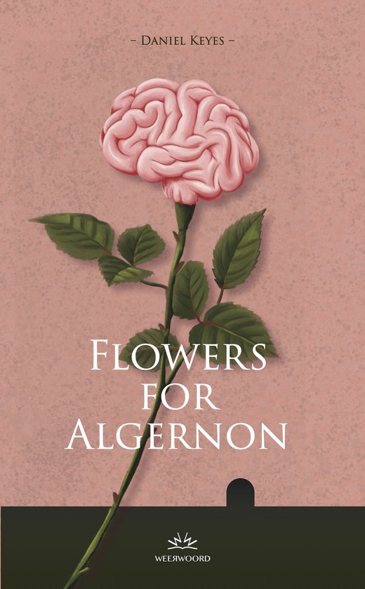 Boek 'Flowers for Algernon' met een roze roos waarvan de bloem is vervangen door een hersenmodel. De titel staat in witte letters op de roze achtergrond.