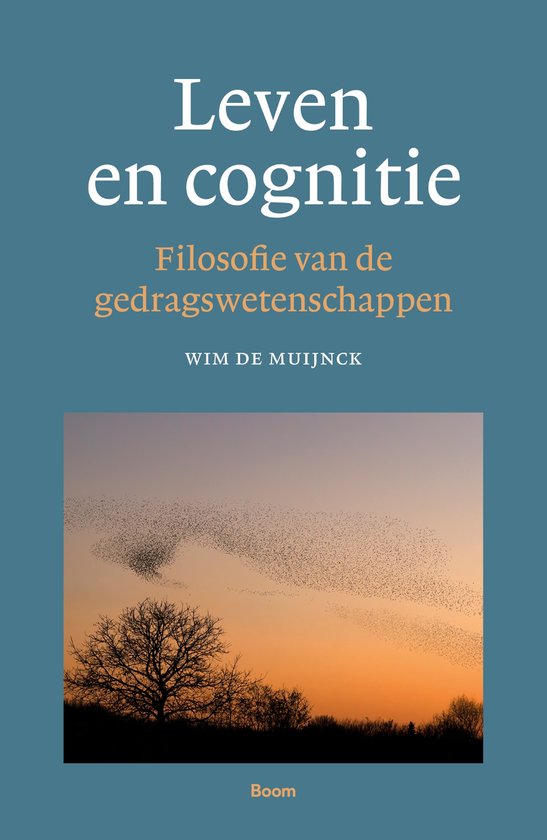Boekomslag met de titel 'Leven en cognitie'. Een silhouet van een boom tegen een oranje zonsondergang.