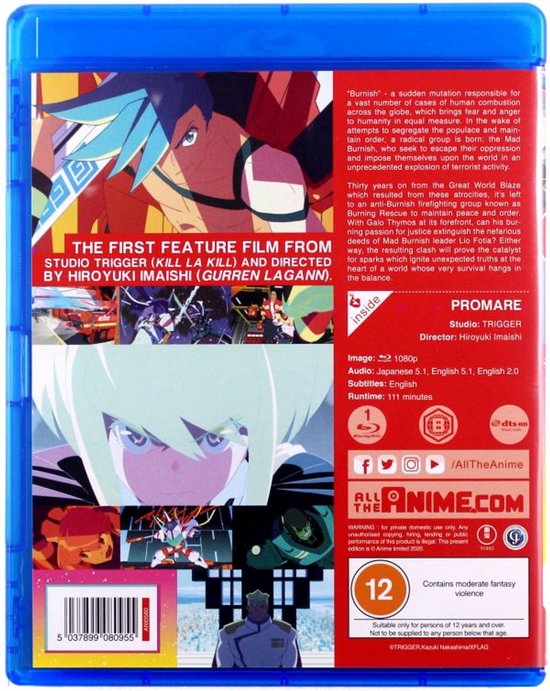 Achterkant van de Promare Blu-ray hoes. Met anime personages, tekst en logo's.