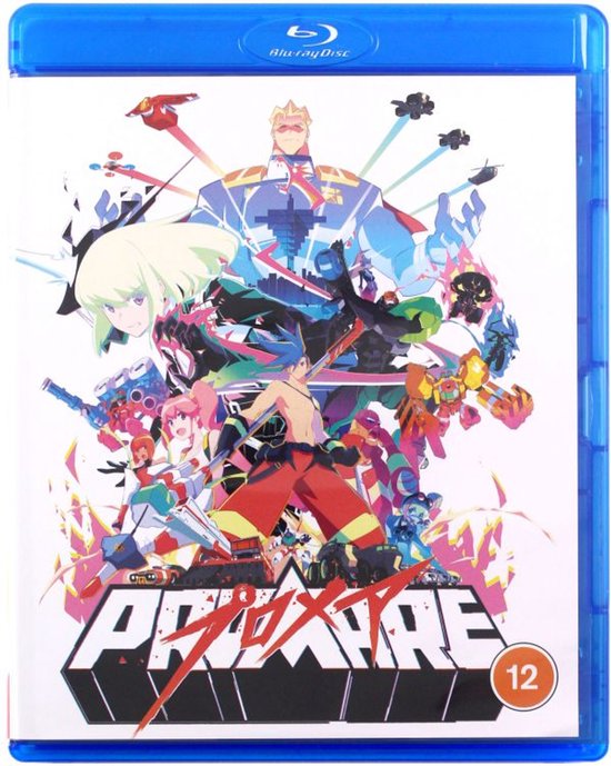 Promare Blu-ray hoes met een kleurrijke anime illustratie van personages en voertuigen.