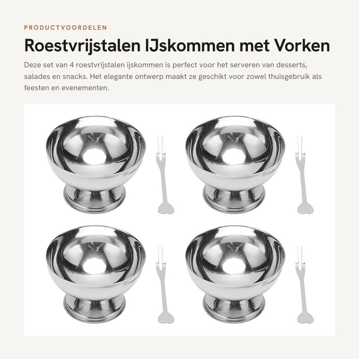 Dailygoods- IJskommen Roestvrij Staal - 4-delige Set - Dessertkommen/Snackkommen - Inclusief Vorken - Multifunctioneel - Voor Thuis/Feest