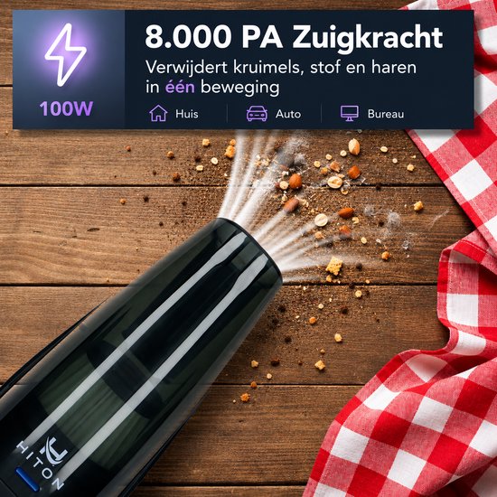 Hiton Kruimeldief snoerloos - Handstofzuiger - Auto stofzuiger - Kruimelzuiger - Oplaadstation - Zwart - 3 opzetstukken