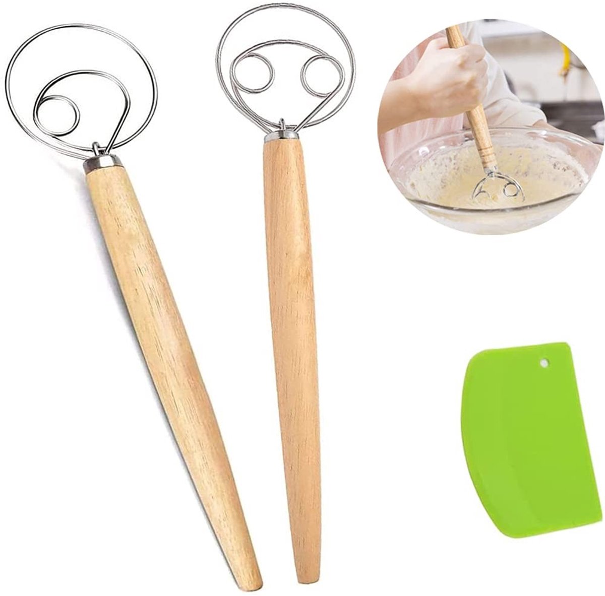 Dailygoods- Brooddeegmixer - Houten Handvat - Roestvrij Staal - Bloemschraper - Geschikt Voor Keukenbakken - 8x33 CM - Deegmixer