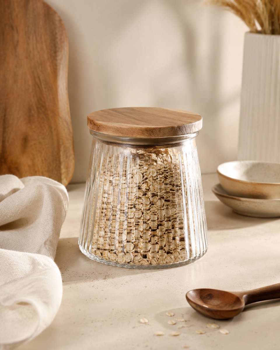 Acacia Voorraadpot met Deksel – Glazen Bewaarpot – 65 cl – 11 x 11 x 11 cm – Luchtdicht – Voorraadbus voor Keuken & Kruiden