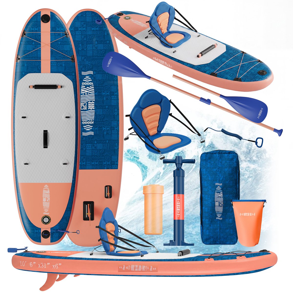 Devoko SUP board XL - allround - opblaasbaar paddle board - limited collection - stand up paddle board - compleet SUP pakket paddleboardpakket - 130 kg - 79x 320cm - blauw oranje