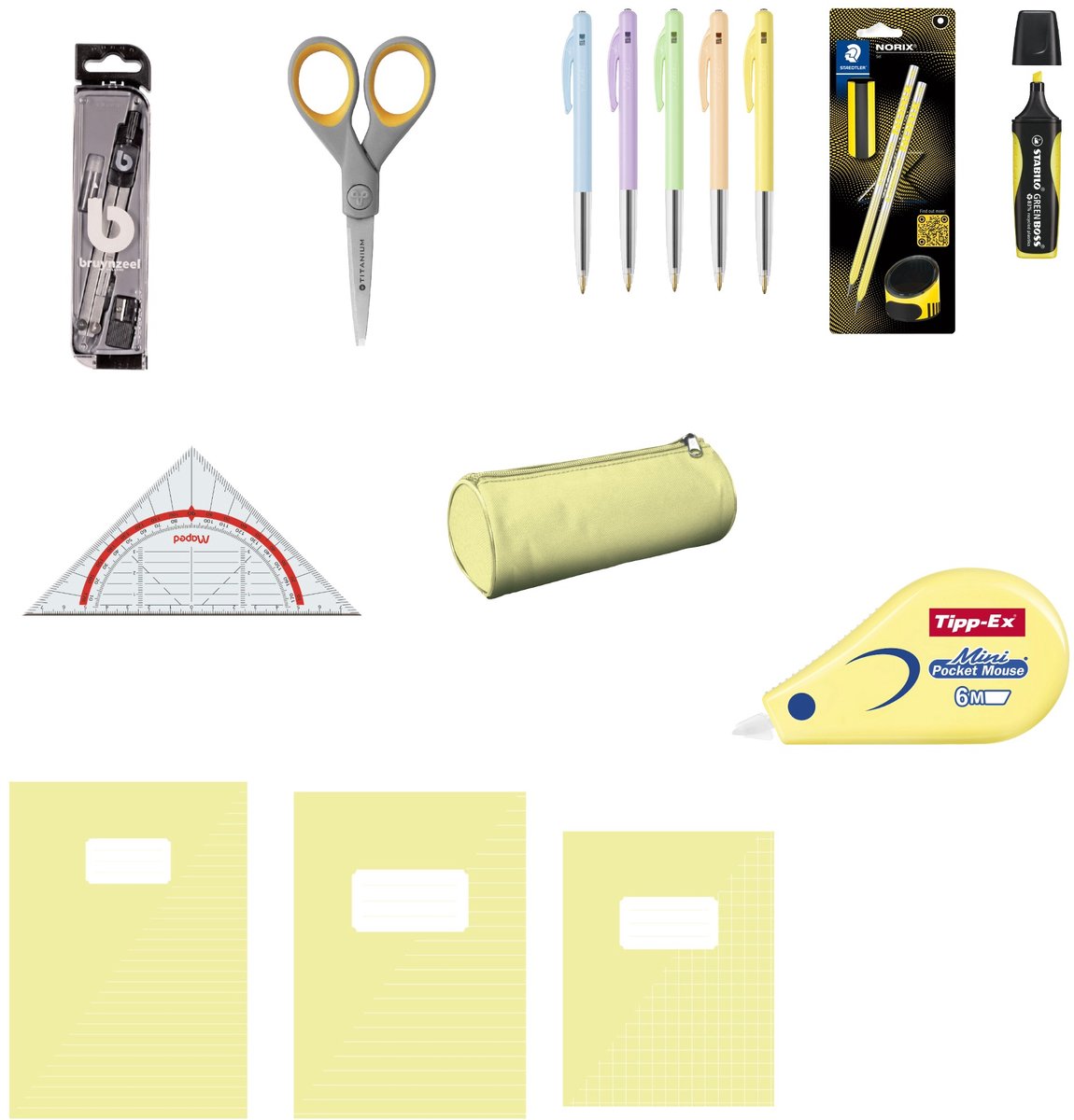 Back to School - Complete Schoolset - Schriften A4 & A5, Etui, Schrijfwaren en Geometrieset - Pastel Geel