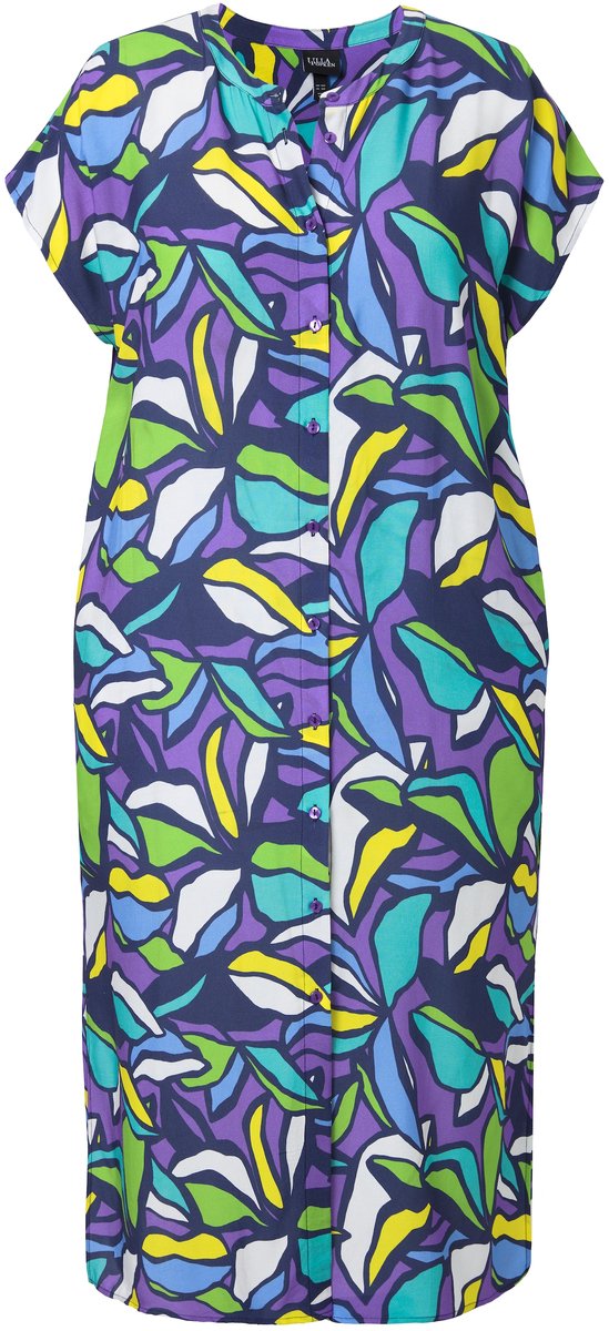 Ulla Popken - Dames - Midi-jurk bladeren oversized opstaande kraag korte mouwen - Purper - Maat 42+