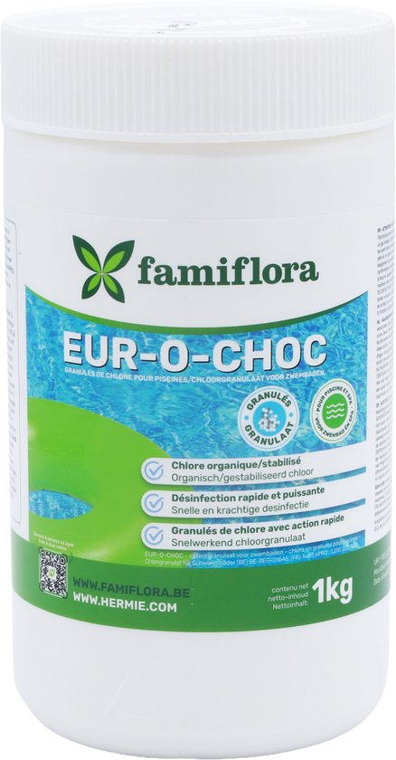 Pot blanc avec étiquettes vertes et bleues. Inscription 'EUR-O-CHOC' et 'Granulés de chlore à action rapide'. Poids '1kg' en vert.