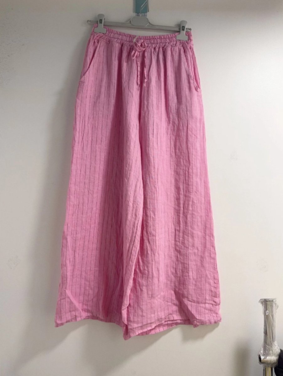 Linnen broek met zij zakken- elastische talie - gestreept - kleur ROZE - Maat 40/42