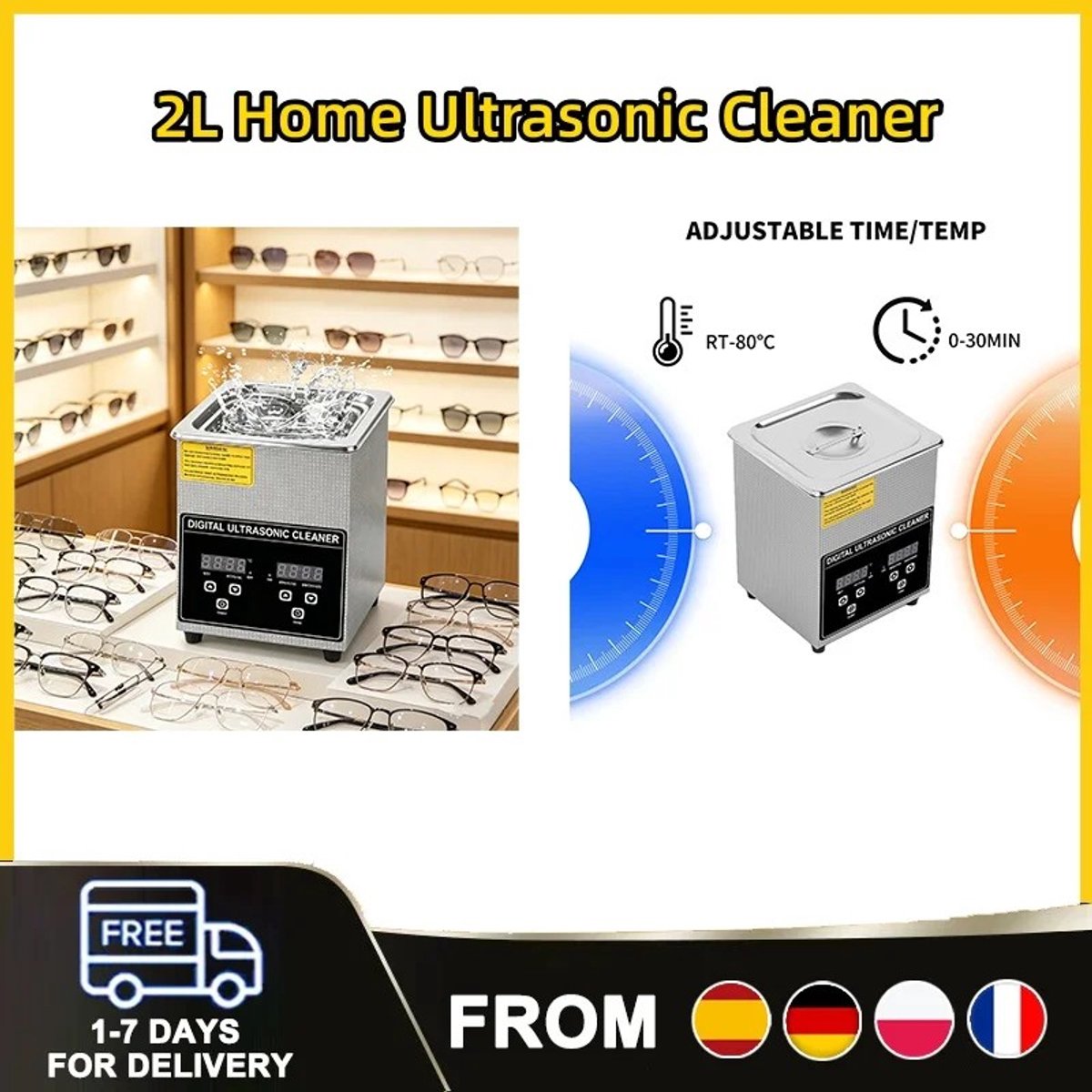 Dailygoods Ultrasone reiniger voor thuisgebruik 2L Reinigingswasmachine Roestvrij staal met digitale timer Draagbare mul