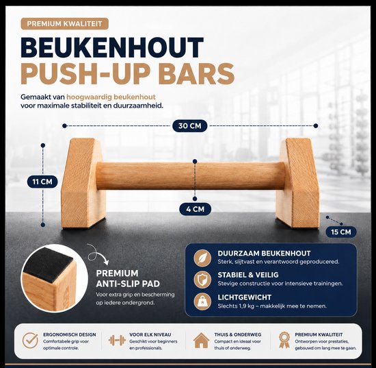 Houten push-up bars van beukenhout met antislipvoeten. Afmetingen: 30 cm lang, 11 cm hoog, 15 cm breed.