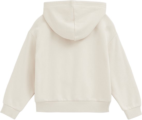 Achterkant van een beige hoodie met capuchon en boorden aan de mouwen en onderkant.