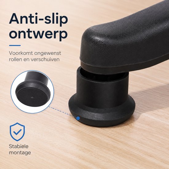 Detail van een zwarte stoelglijder met anti-slip onderkant, gemonteerd op een bureaustoel.