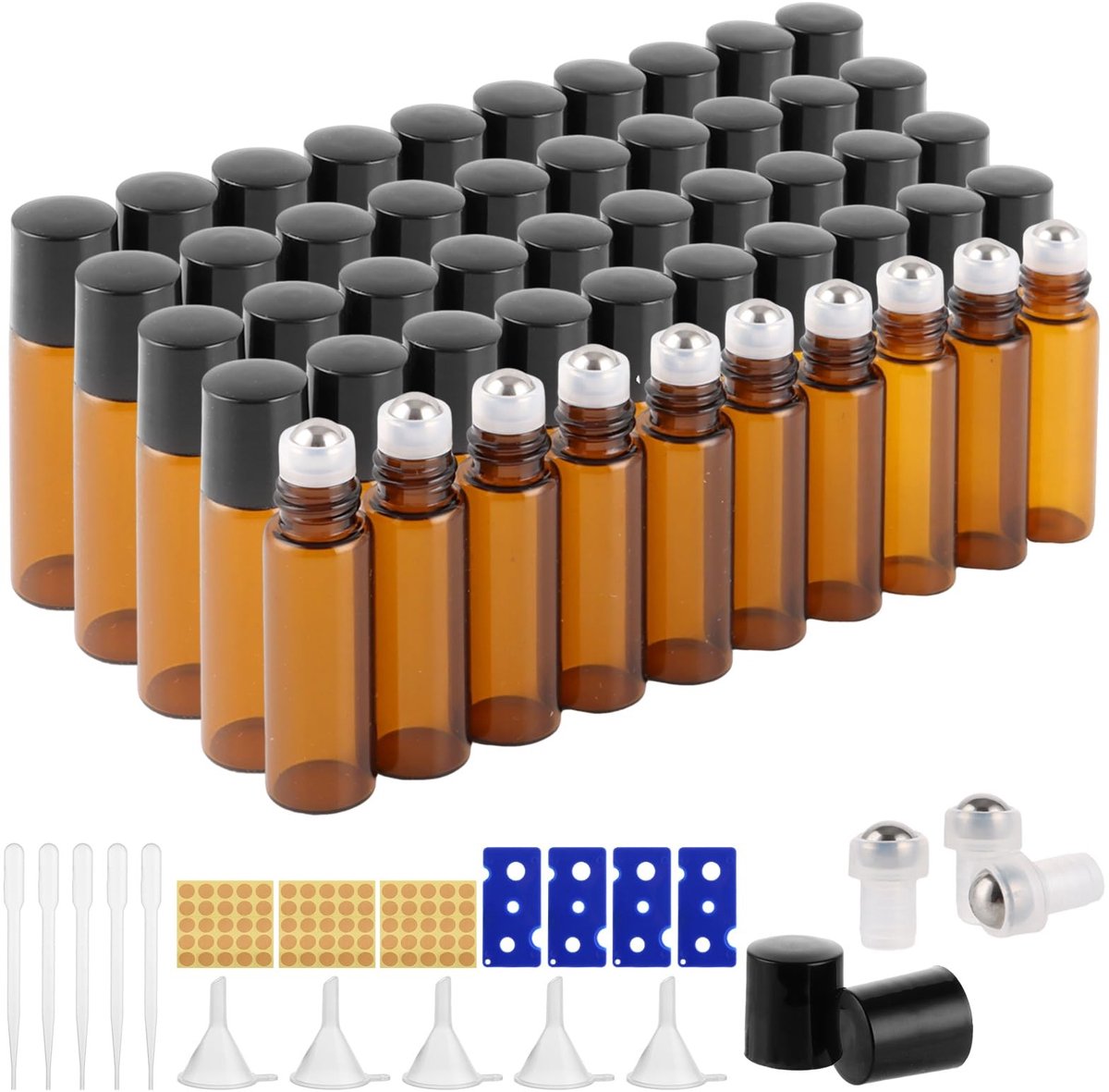 Dailygoods- Roll-on Flessen 50 Stuks - Glazen Flessen - 5 ml - Roestvrij Stalen Rollerballen - Amber Kleur - Voor Etherische Oliën - Etherische Olie Flessen