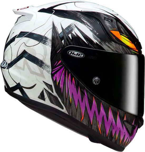 Zijaanzicht van een witte motorhelm met Marvel Anti-Venom print. Zwarte, paarse, oranje accenten en een donker vizier.