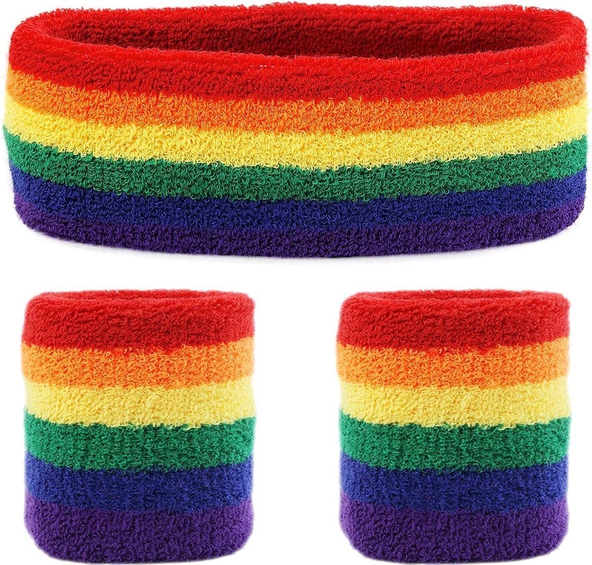 Okado Regenboog Zweetbandjes Set 3 Stuks – Hoofdband en 2 Polsbandjes – Pride Accessoires van Katoen – Multicolor Sportbandjes voor Feest, Festival en Fitness