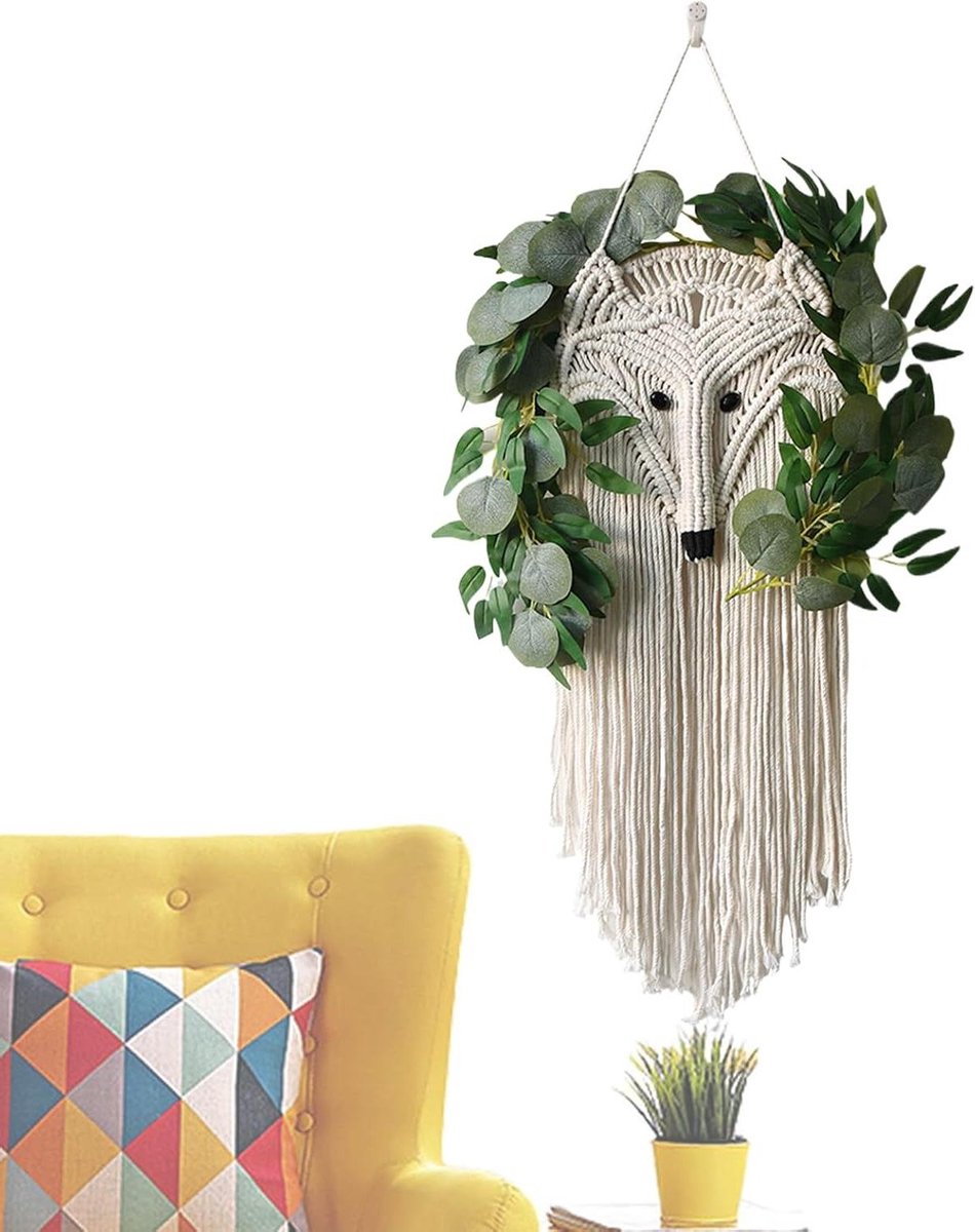 Macrame Wanddecoratie Vos - Geweven Muurkunst - Woonkamer Aankleden - Met Kunstplant Accen