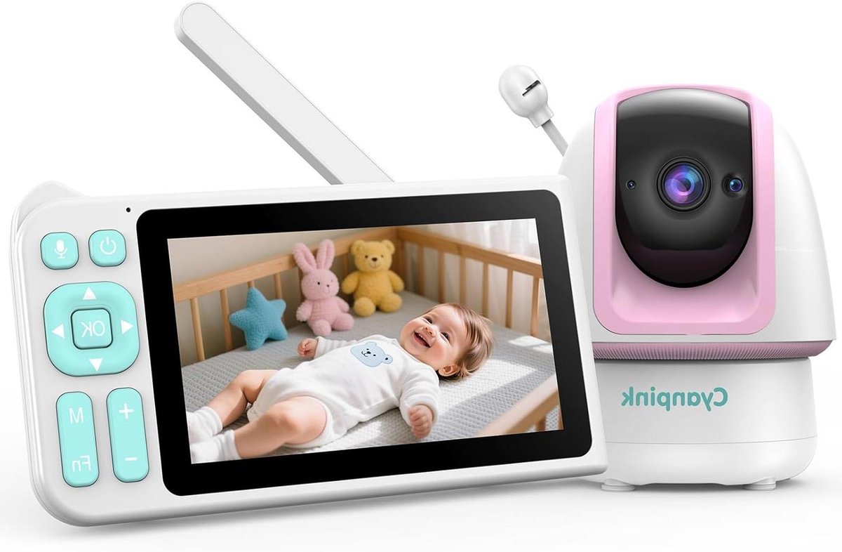 Video Babyfoon - Baby Monitor - Baby Bewaken - 1080p Nachtzicht - 5 Inch Scherm - Roze