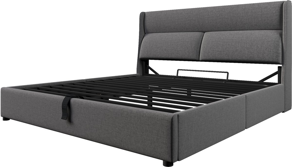 COVREO Gestoffeerd tweepersoonsbed van 180x200 cm met verstelbaar hoofdeinde, hydraulisch bedframe met opbergruimte, linnen bedframe, metalen lattenbodem, grijs (matras niet inbegrepen). Gris