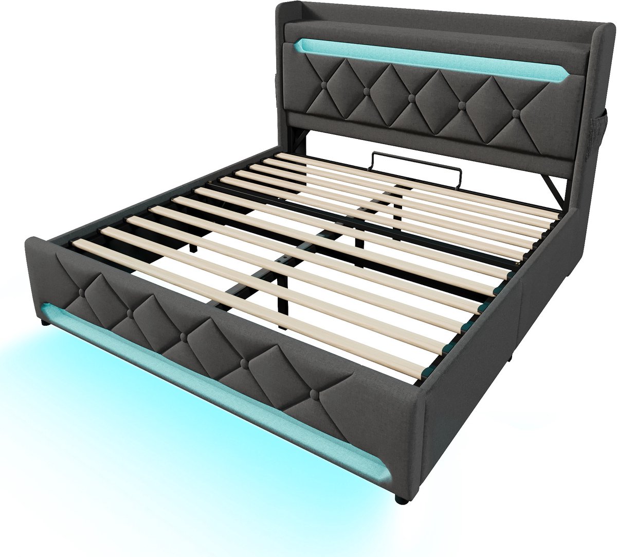 COVREO Bed met hydraulische opbergruimte – 166x225x111 cm – Tweepersoons bedframe met USB en USB-C – Gestoffeerd slaapmeubel met 360° LED – Grijs - zonder matras