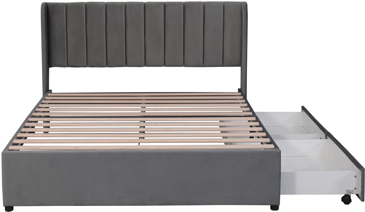 COVREO Bedframe 160x200 cm grijs velvet, lattenbodem, 2 lades, zonder matras