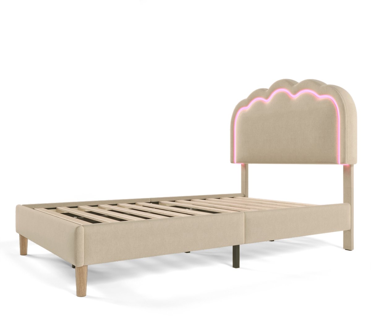 COVREO Eenpersoonsbed 101x197 cm – beige stof, LED hoofdbord, verstelbaar hoofdeinde
