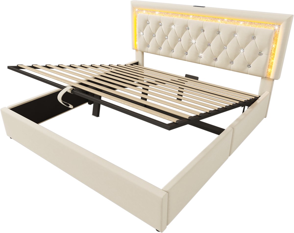 COVREO Tweepersoonsbed van 160x200 cm, bekleed met fluweel, met LED-diamantlichtstrip in het hoofdeinde, USB- en Type-C-laadstation, hydraulische bedbox, tienerbed met opbergruimte en lattenbodem, beige (matras niet inbegrepen).