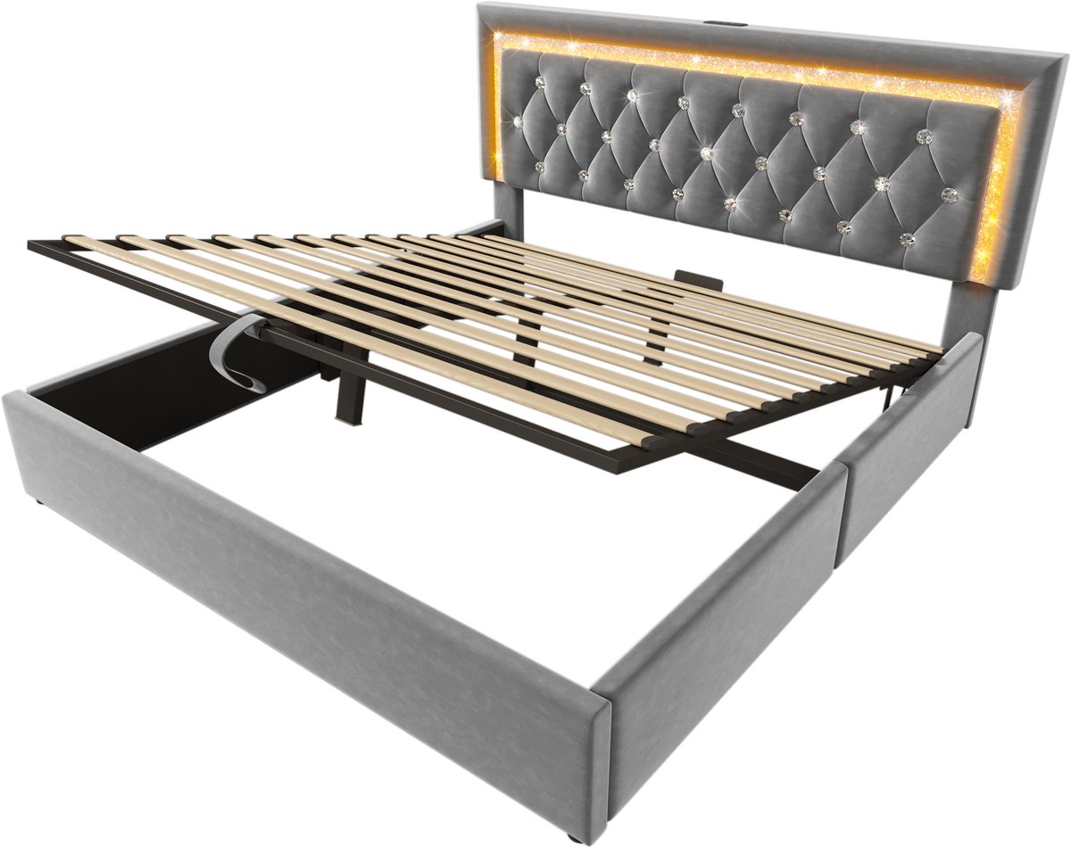 COVREO Tweepersoonsbed van 140x200 cm, bekleed met fluweel, met LED-hoofdbord in diamantpatroon, USB- en Type-C-laadstations, hydraulische opbergruimte, geschikt voor jongeren, lattenbodem, modern en functioneel bed, grijs (matras inbegrepen). Gris