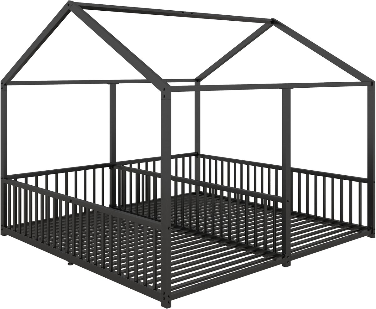 COVREO Kinderbed 206x186x174,5 cm zwart metaal met veiligheidsrail en huisvorm voor 2 kinderen