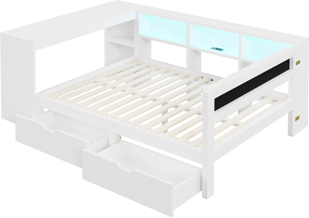 COVREO Bedframe 140x200 cm - 244,4 cm, wit, opbergruimte, zonder matras
