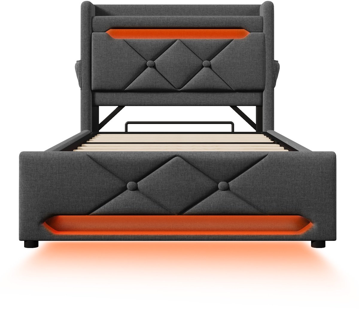 COVREO Bedframe 90x200 cm - grijs linnen, LED, opbergruimte, zonder matras
