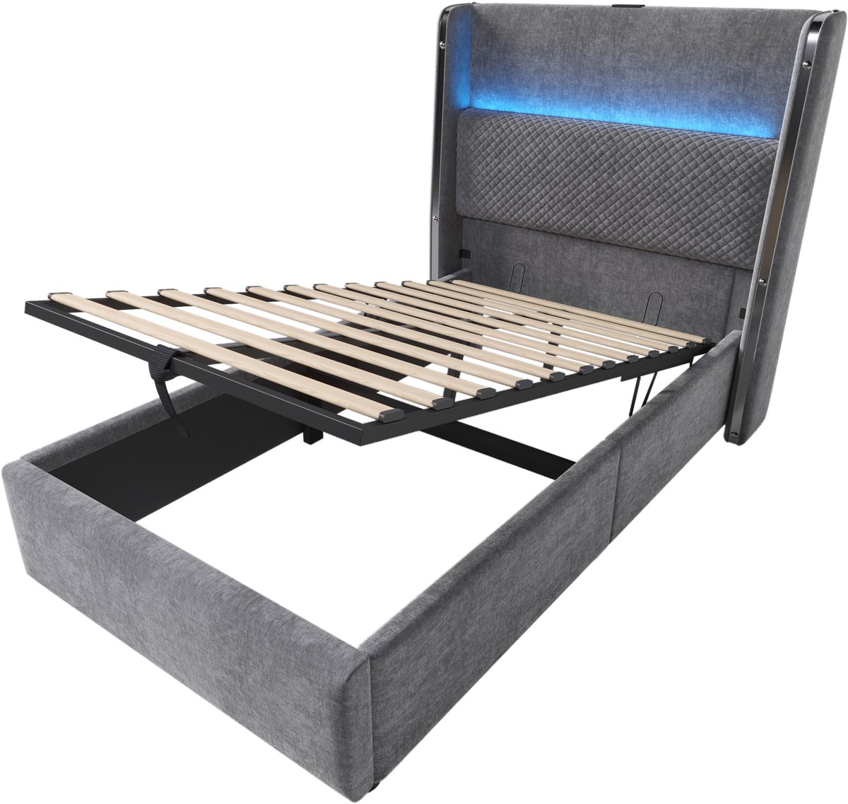 COVREO Hydraulisch bed met LED-verlichting – 90x200 cm – Bedframe met opbergruimte en USB-C – voor slaapkamer en rust – Grijs - met matras