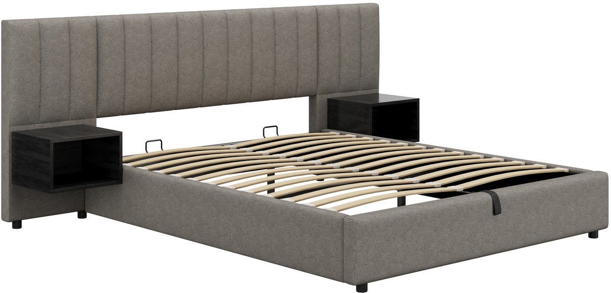 COVREO Bed 160x200 cm grijs zwart, stof met opbergruimte en 2 nachtkastjes