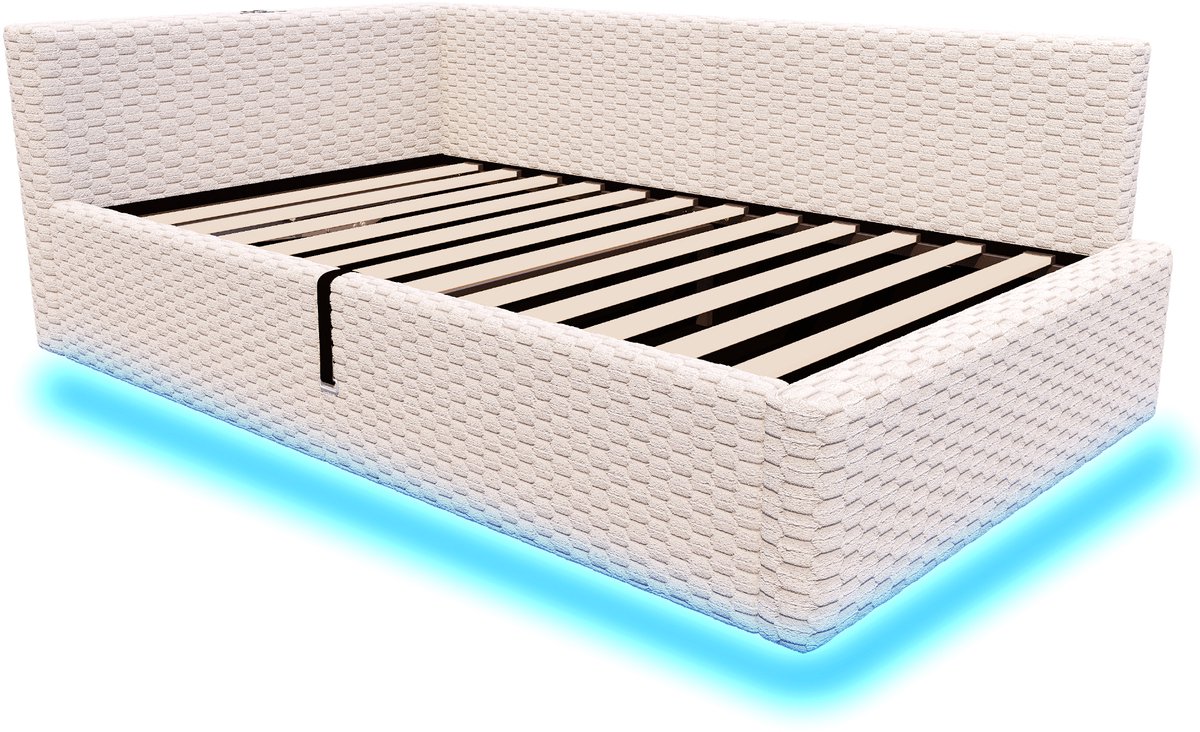 COVREO Bed 90x200 cm beige, stof met LED, USB, Type C en opbergruimte