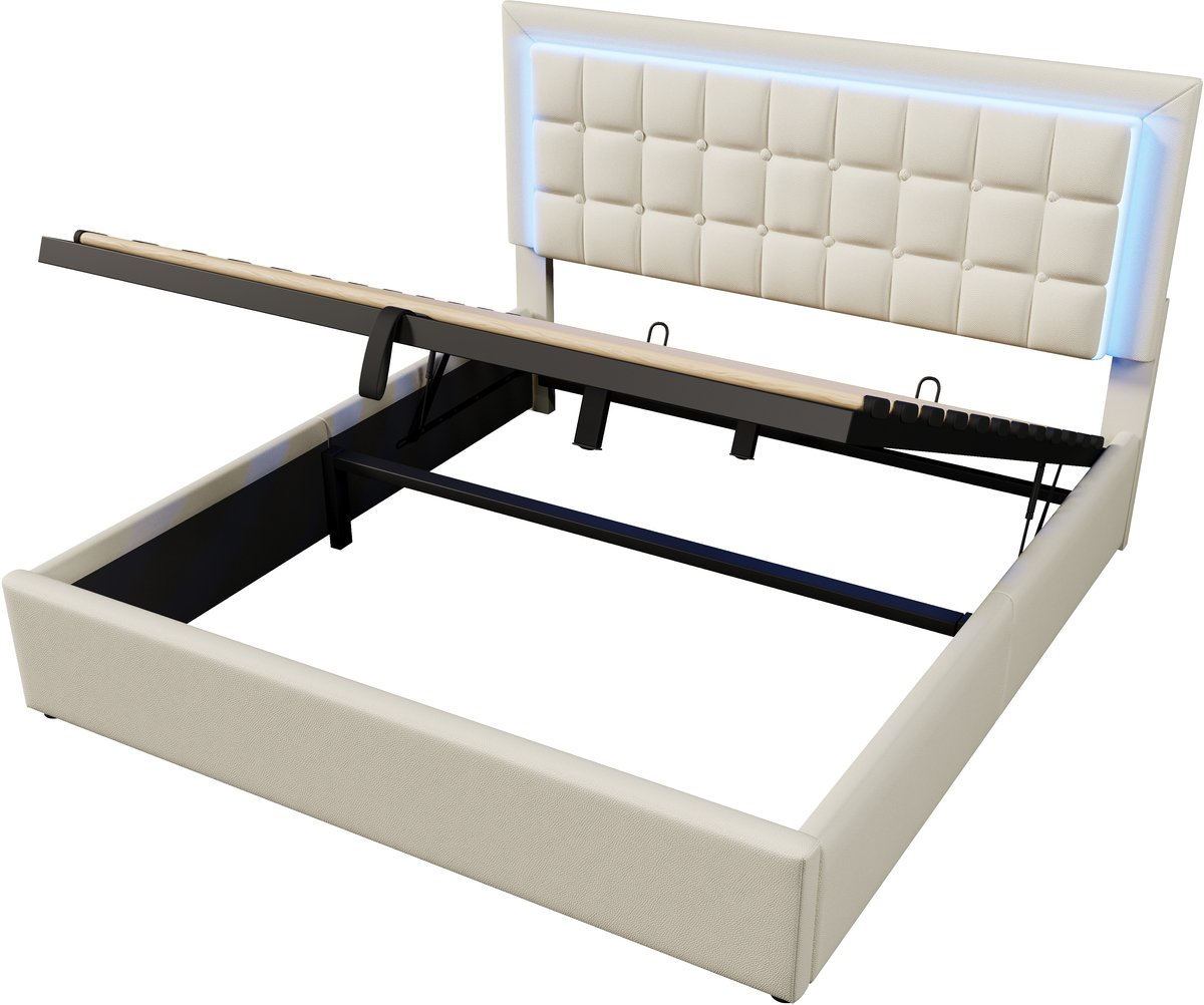 COVREO Bed met LED – 180x200 cm – Tweepersoons bedframe met opbergruimte – Slaapframe met lattenbodem – Wit - zonder matras