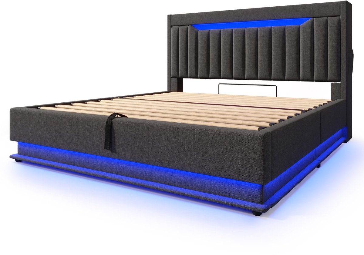 COVREO Gestoffeerd bed met USB-C en LED – 140x190 cm – Tweepersoonsbed met opbergruimte – Grijs – zonder matras