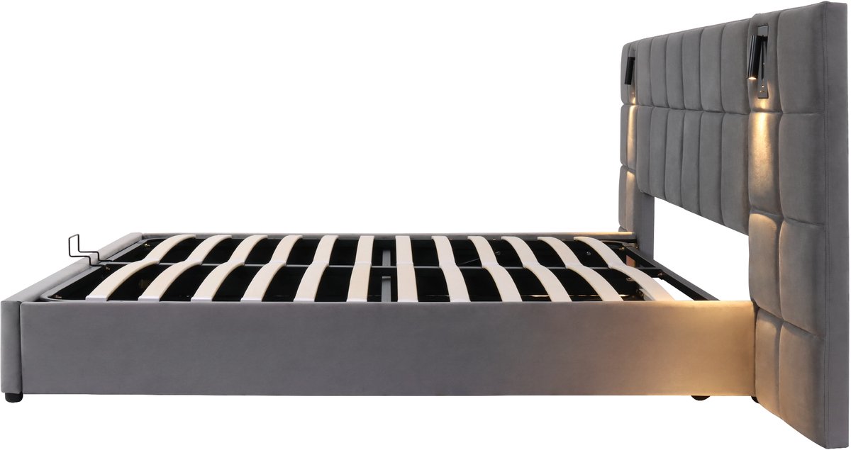 COVREO Gestoffeerd bed met hydraulische opbergruimte en leeslamp – 180x200 cm – Bedframe van staal en platen – Slaapkamerbed voor extra ruimte – Grijs - zonder matras