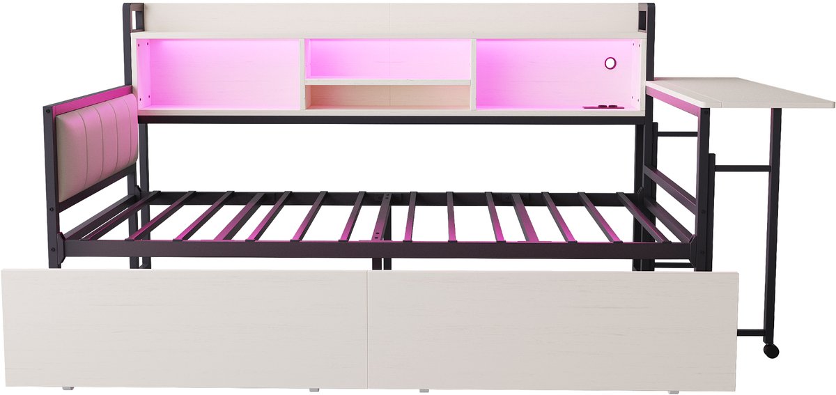 COVREO Bed 90x200 cm wit metaal met bureau en lades zonder matras