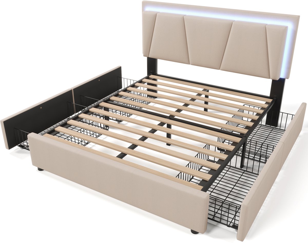 COVREO Bedframe 140x200 cm beige met LED en 4 lades, zonder matras