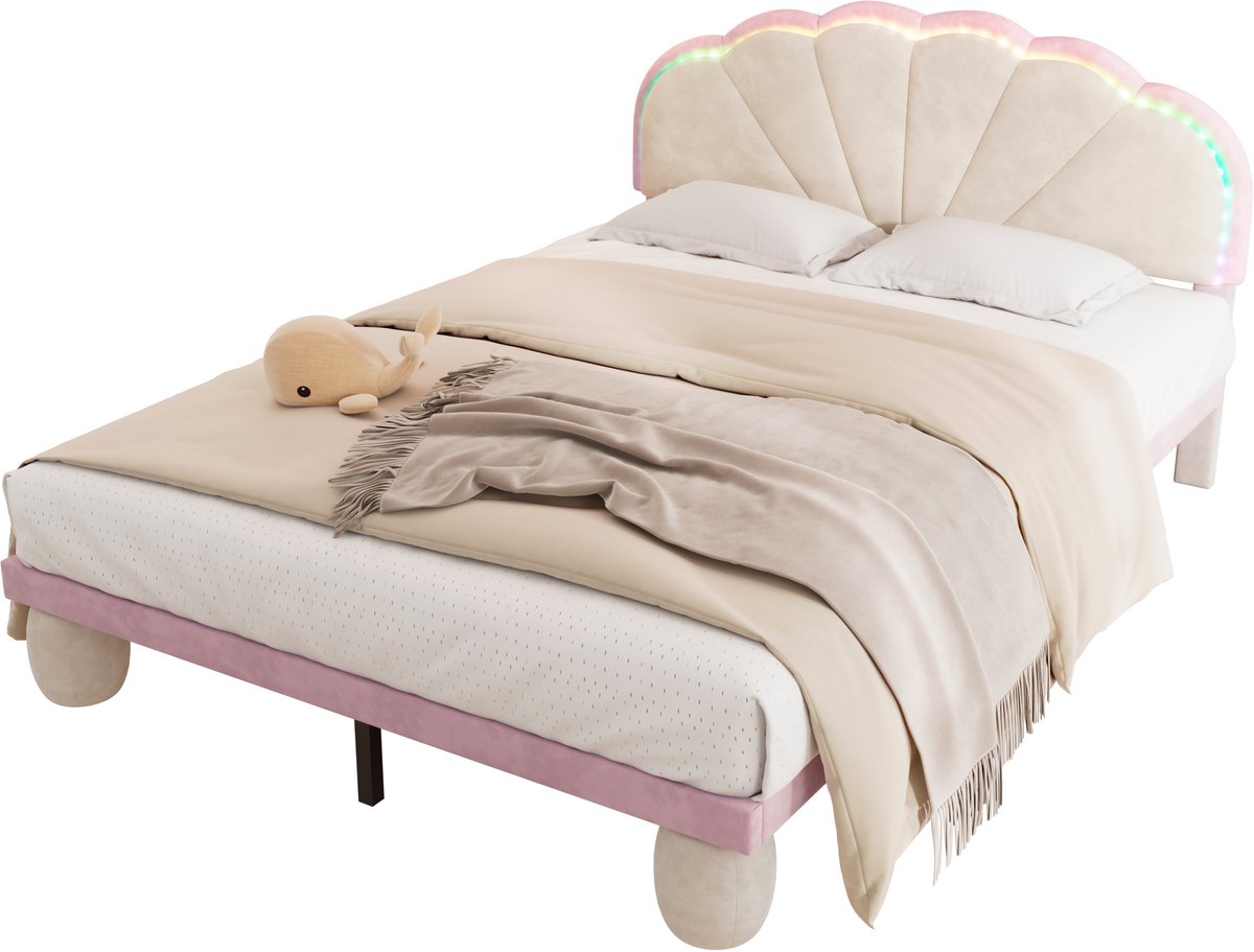 COVREO Bed met lichtstrip – 140x200 cm – Kinderbed met golvend hoofdbord – Jeugdbed met houten latten – Beige en roze - zonder matras