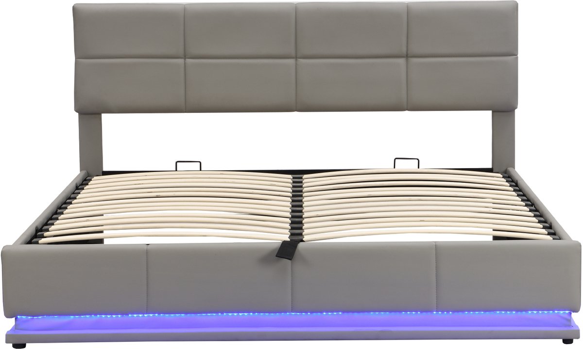COVREO Bed 180x200 cm - grijs kunstleer, LED, opbergruimte, zonder matras