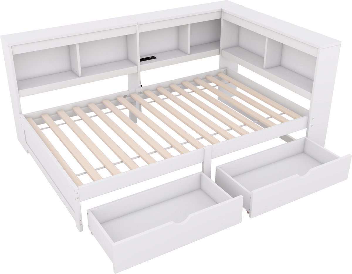 COVREO Bedbank 90 x 200 cm wit met 2 lades, opbergvakken en USB-poorten