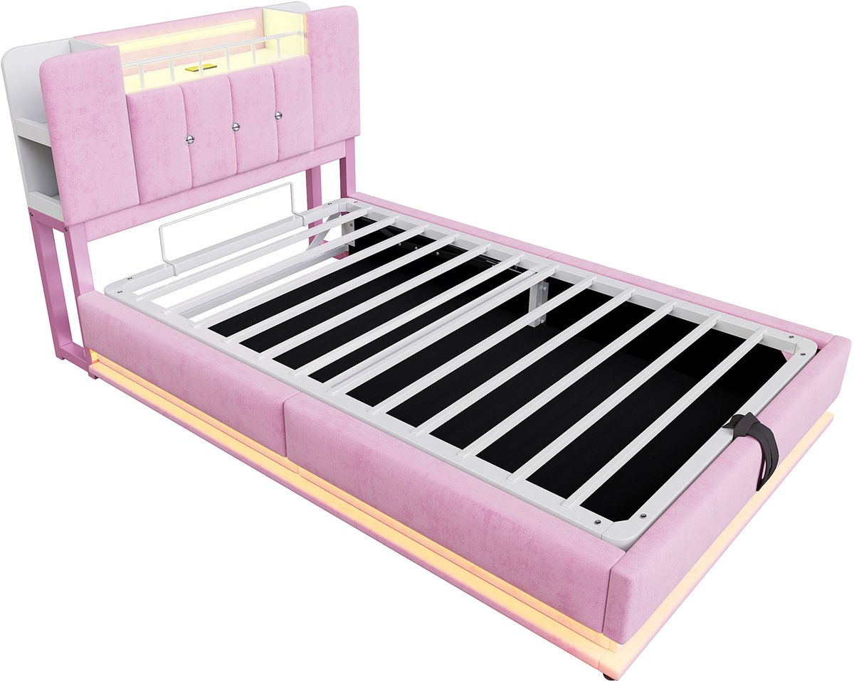 COVREO Kinderbed met LED – 90x200 cm – Opbergframe met USB-poort – Eenpersoons slaapplaats – Roze - zonder matras